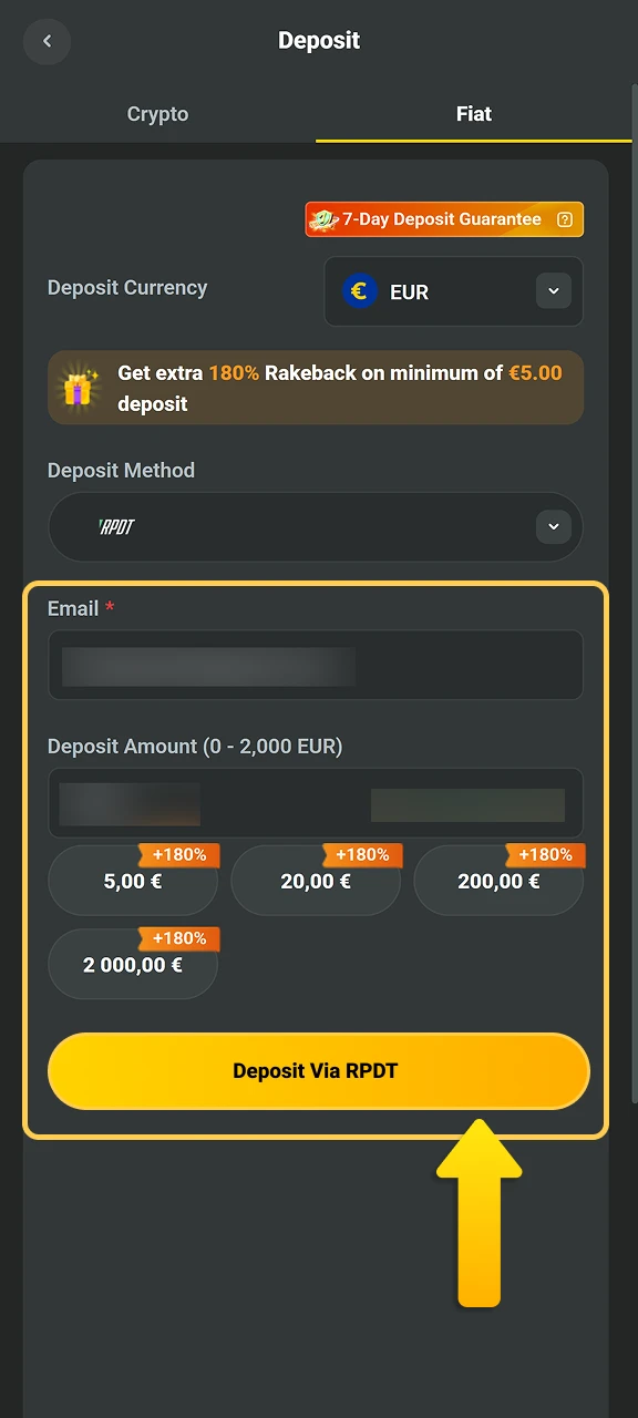 Specify the amount of money to fund your JB Casino balance.