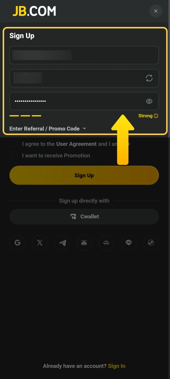 Enter your personal details and select your country and currency in the JB Casino form.