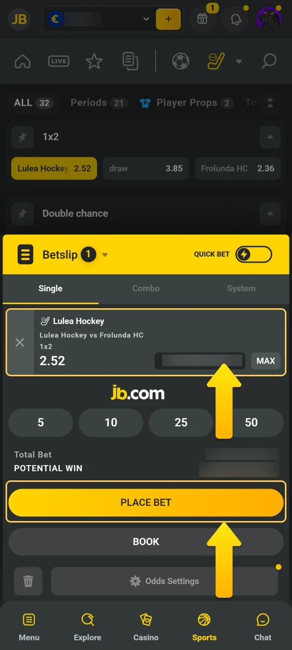 Place your money on the line to confirm the JB Casino bet.