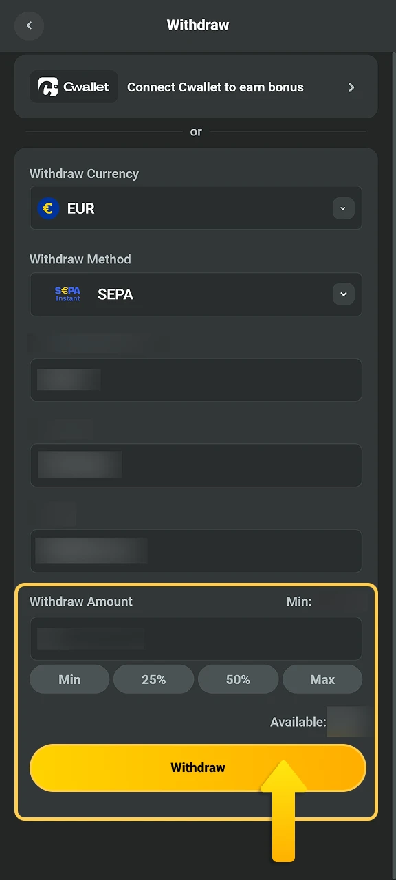 Enter the total amount you wish to withdraw from JB Casino.