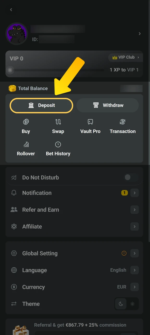 Access the financial cashier area within the JB Casino application.