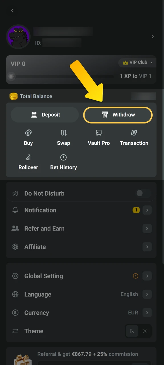 Open the JB Casino withdrawal section.