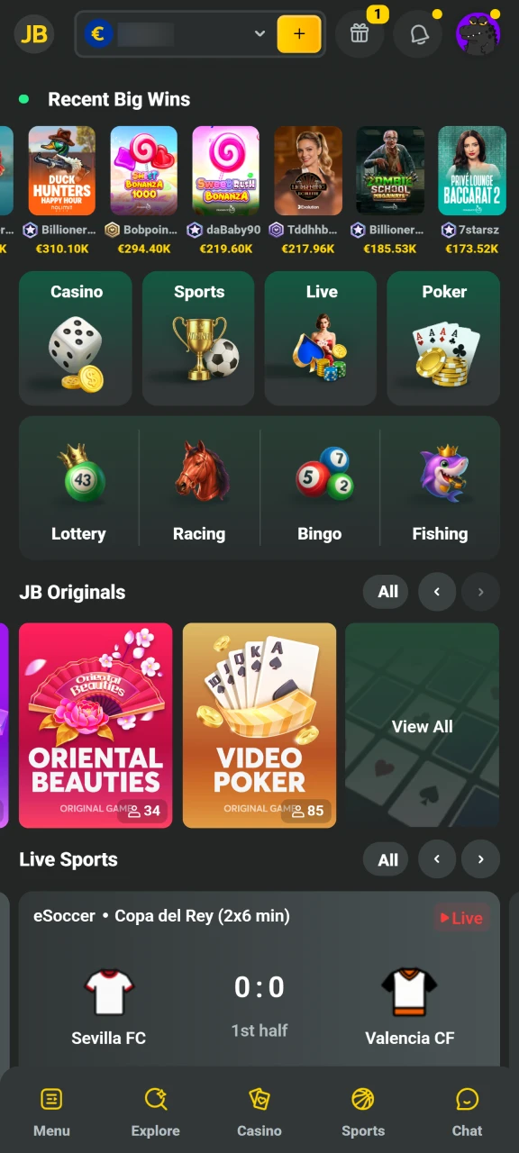 Access your personal profile within the JB Casino mobile application.