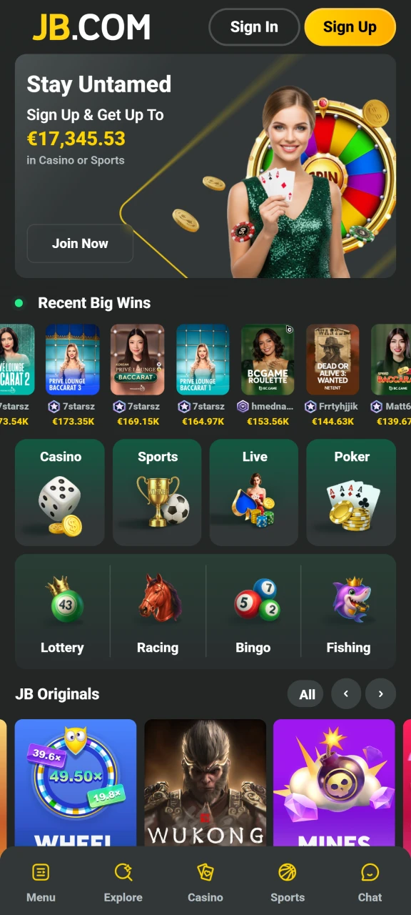 Launch the JB Casino mobile platform to begin the process.