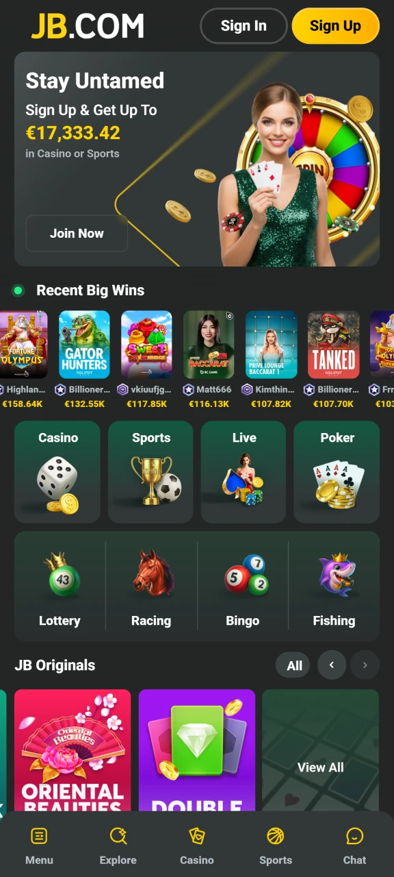 Open the JB Casino application on your device to start the mobile signup process.