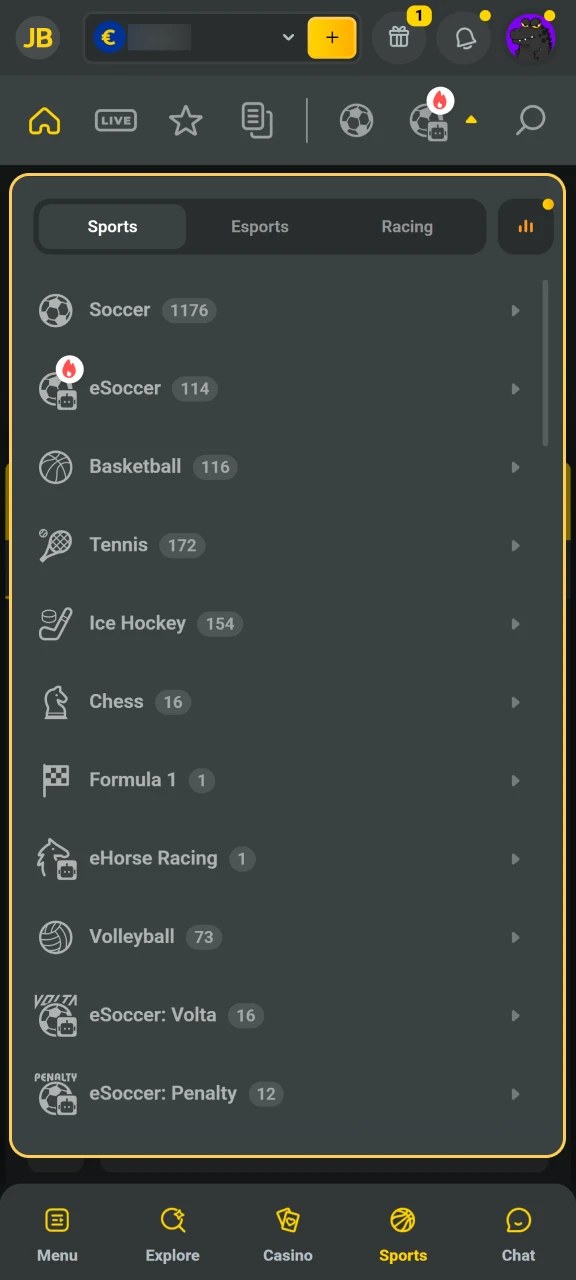 Choose your favorite sport on the JB Casino platform.