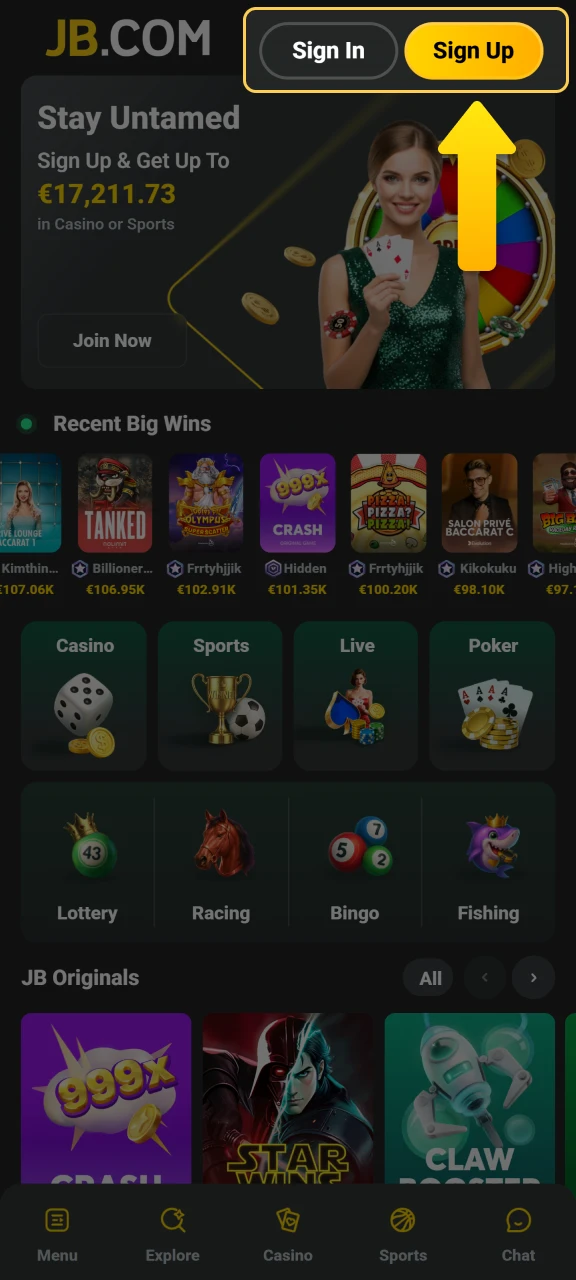 Tap the JB Casino registration button and select your preferred method using email or phone.