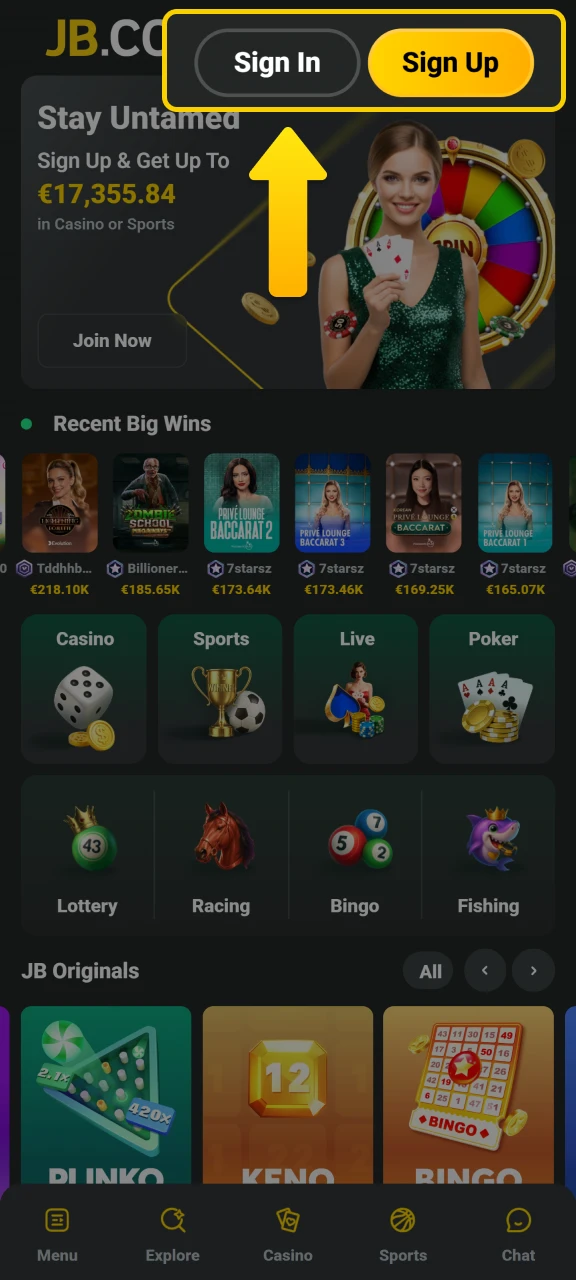 Press the sign-in button on the JB Casino homepage.