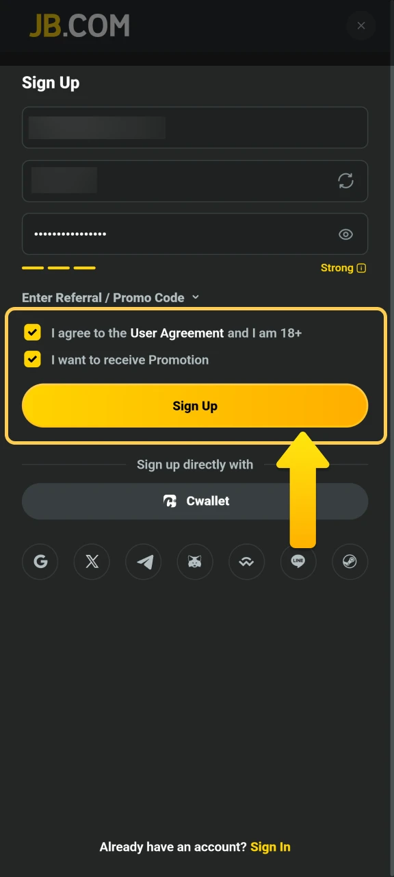 Agree to the official JB Casino rules and start playing.