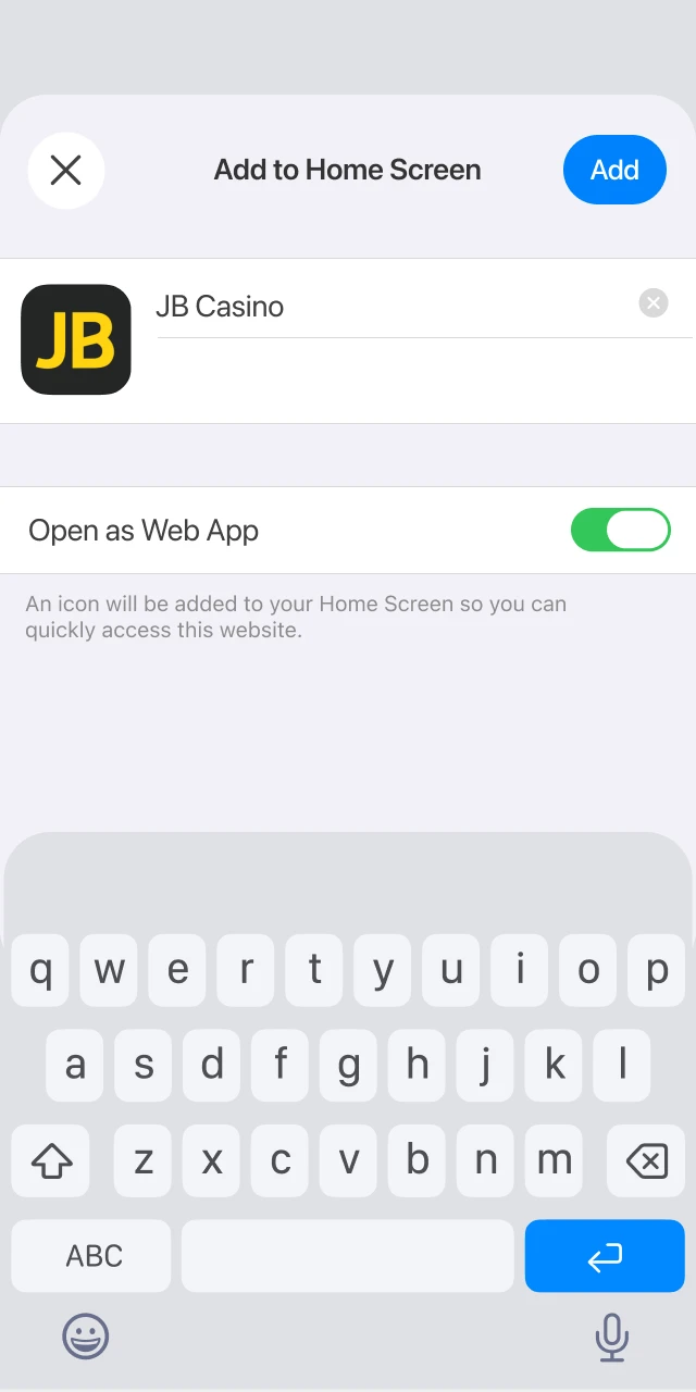 Select Add to Home Screen to install the JB Casino application icon.