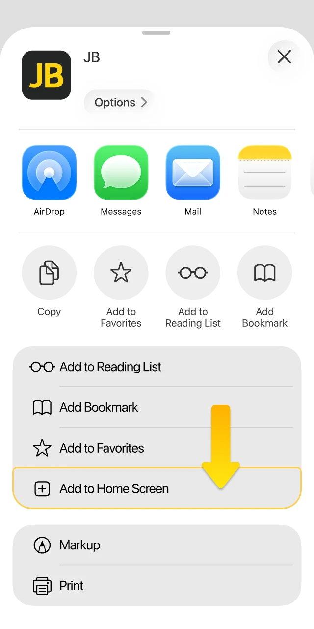 Choose the add to home screen option to create a JB Casino shortcut.