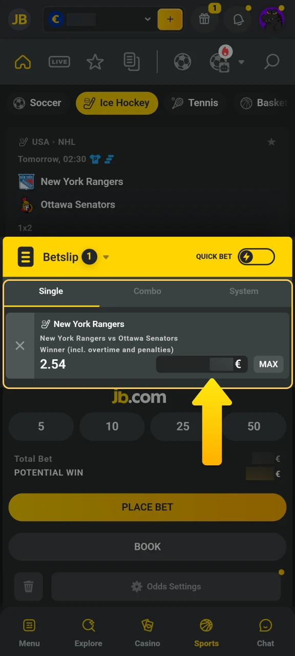 Choose your bet type and enter the stake amount in the JB Casino mobile bet slip.