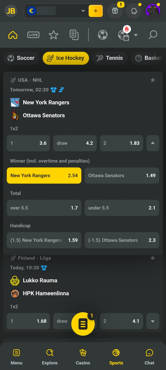 Select the event or match you want to bet on within the JB Casino mobile interface.