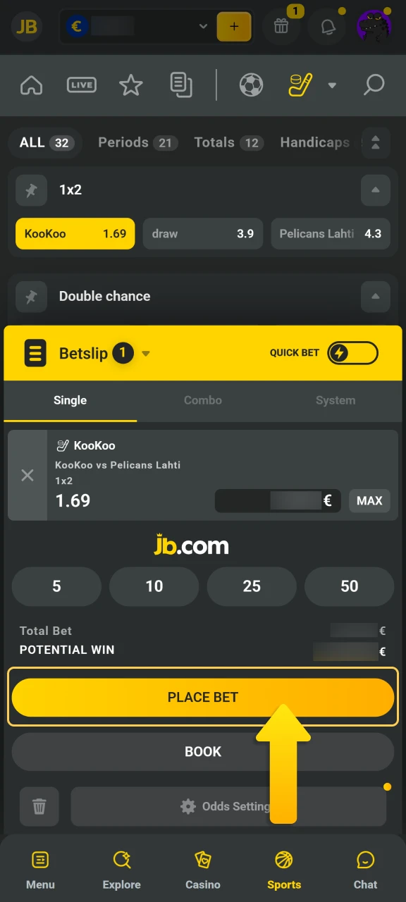 Finalize your selection to place a real money bet at JB Casino.