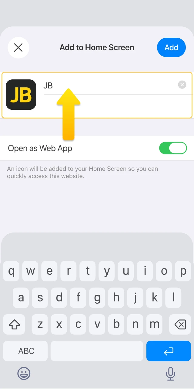 Enter a name for your shortcut and tap add to confirm the JB Casino web app installation.
