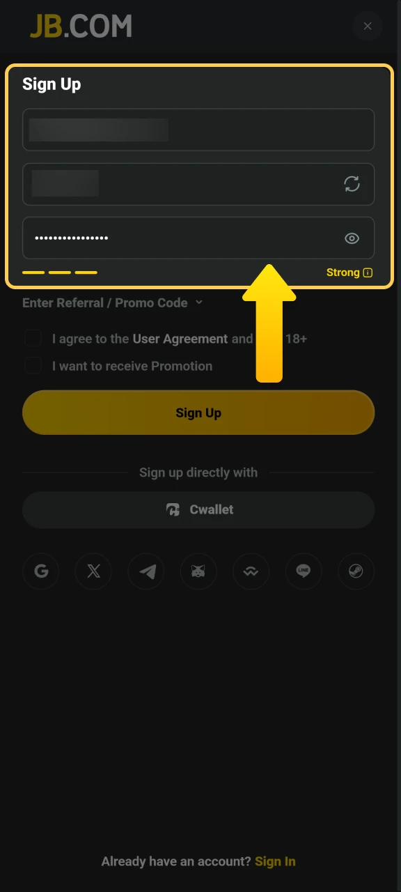 Enter your personal information into the JB Casino registration form.