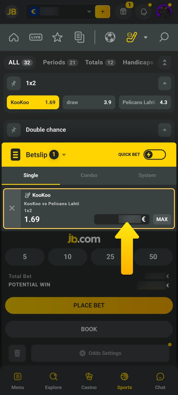 Set your preferred wager type and input the amount for JB Casino.