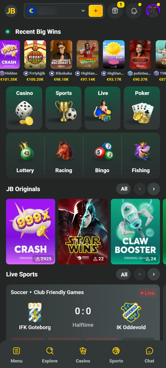 Open the JB Casino application and log in to your account to start betting.