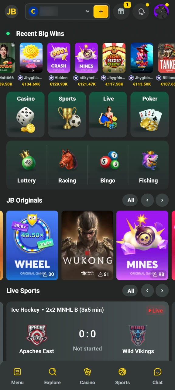 Launch the JB Casino app and access your private profile.