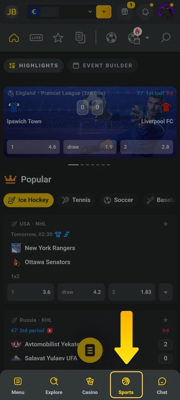 Navigate to the JB Casino sports section or casino lobby to find your favorite games.