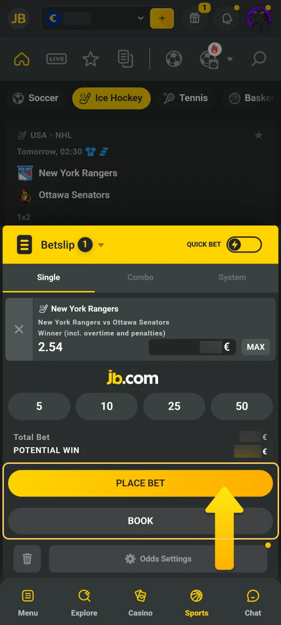 Confirm your bet by tapping the JB Casino place bet button to complete the process.