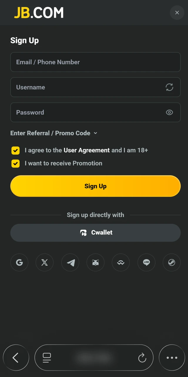 Complete the registration form to create your new JB Casino account.