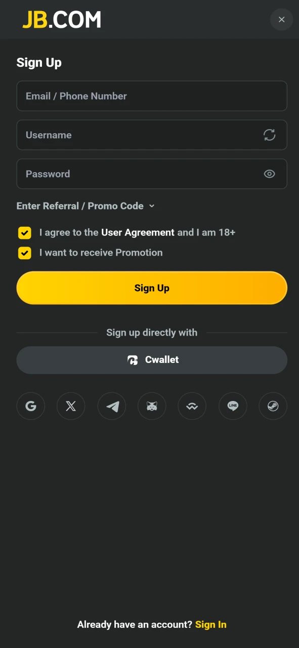 Register a new account or log in to your JB Casino profile.