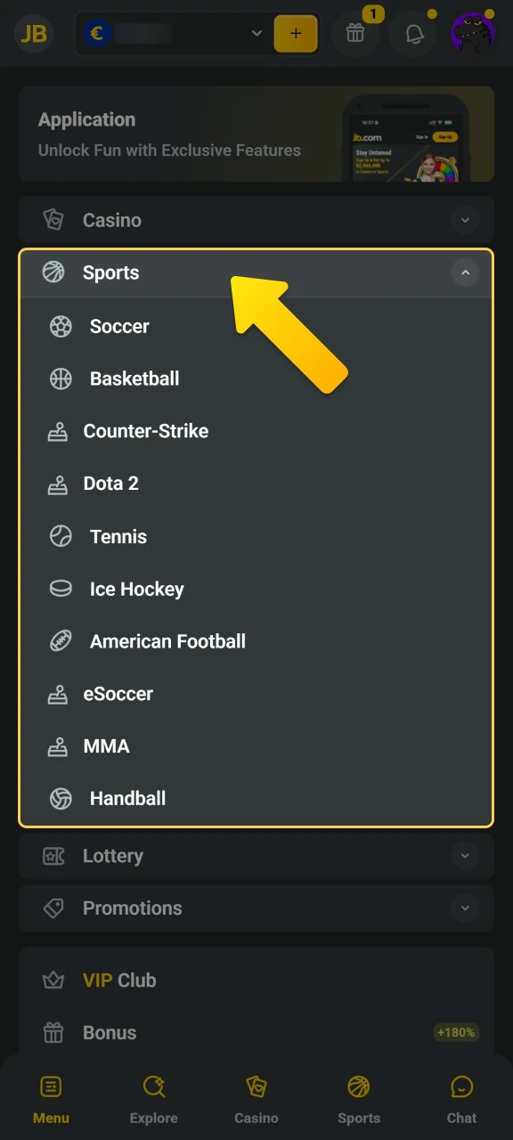 Explore the diverse athletic categories available in the JB Casino sportsbook.