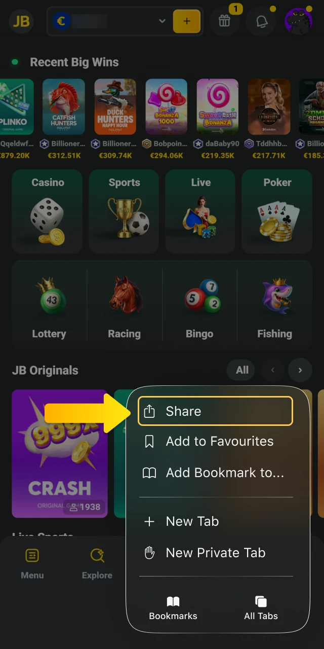 Locate and tap the Share icon for the JB Casino mobile site.