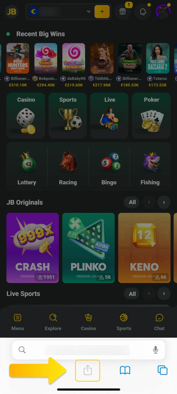 Select the Safari share icon to configure the JB Casino app.