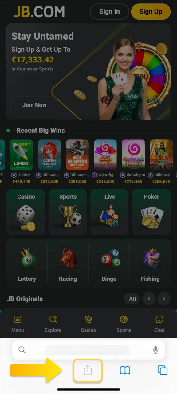 Press the share button in the bottom toolbar to access the JB Casino mobile options.