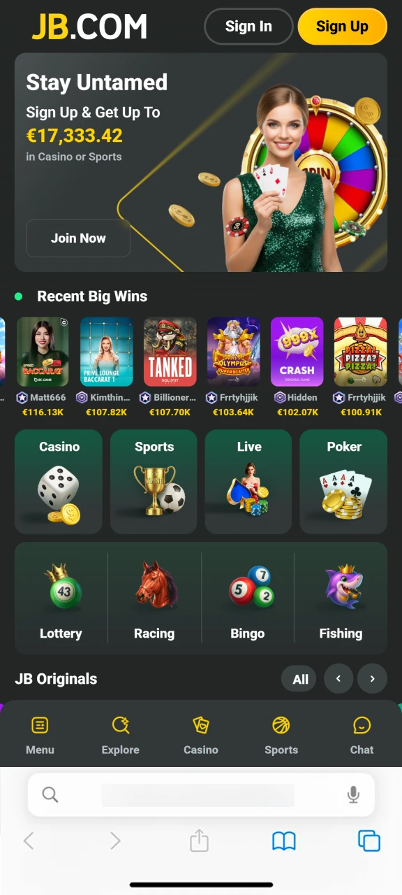 Open the JB Casino official site using the Safari browser on your iPhone or iPad.