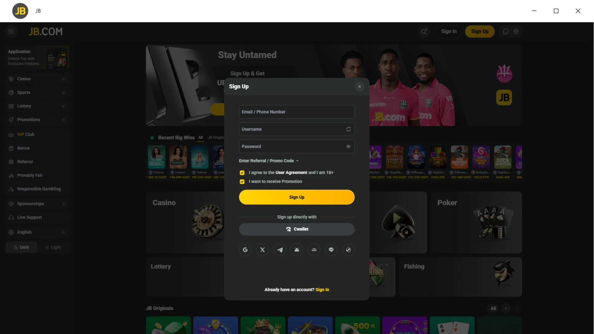 Sign in or create a new JB Casino player account.