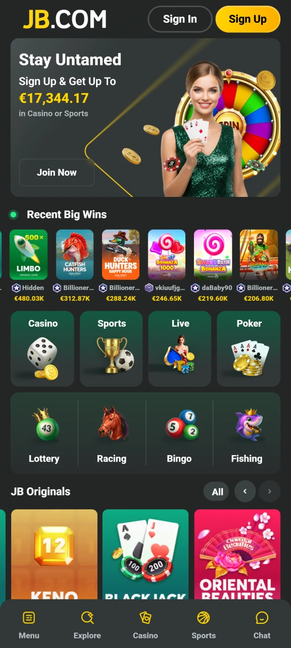 Explore the JB Casino main page on the mobile app to see the latest bonuses.