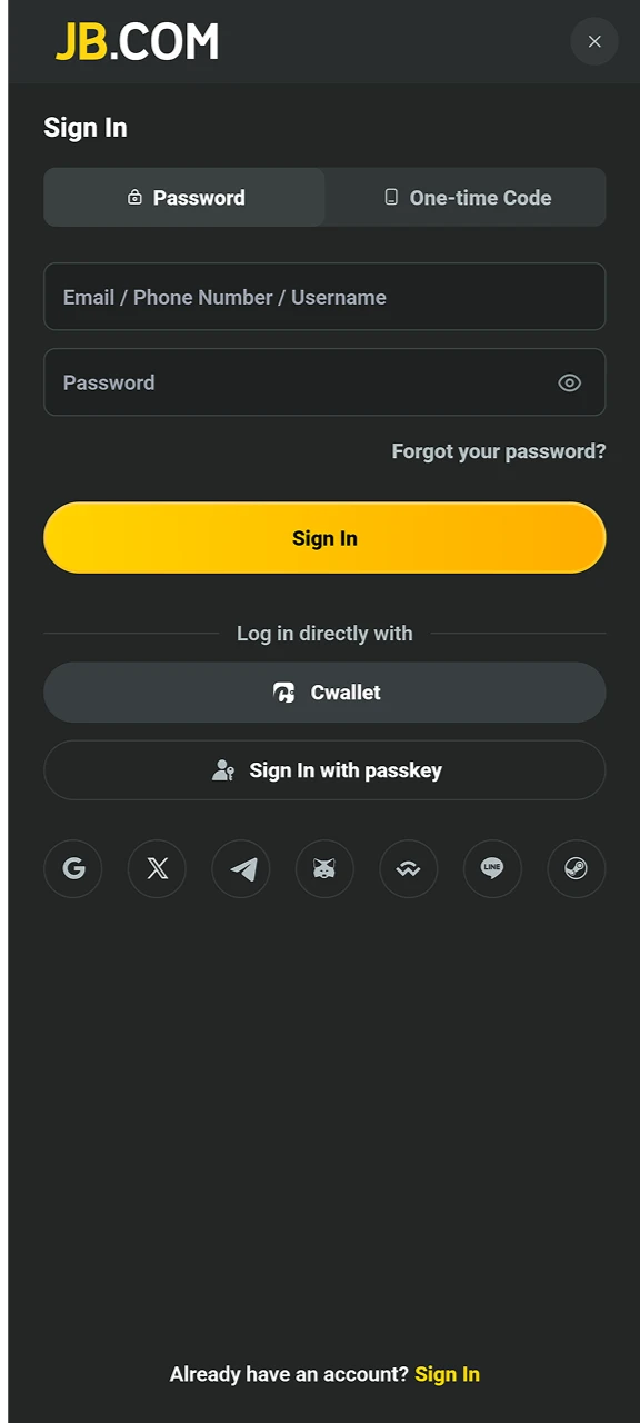Open the JB Casino log in screen to securely access your personal gaming profile and balance.