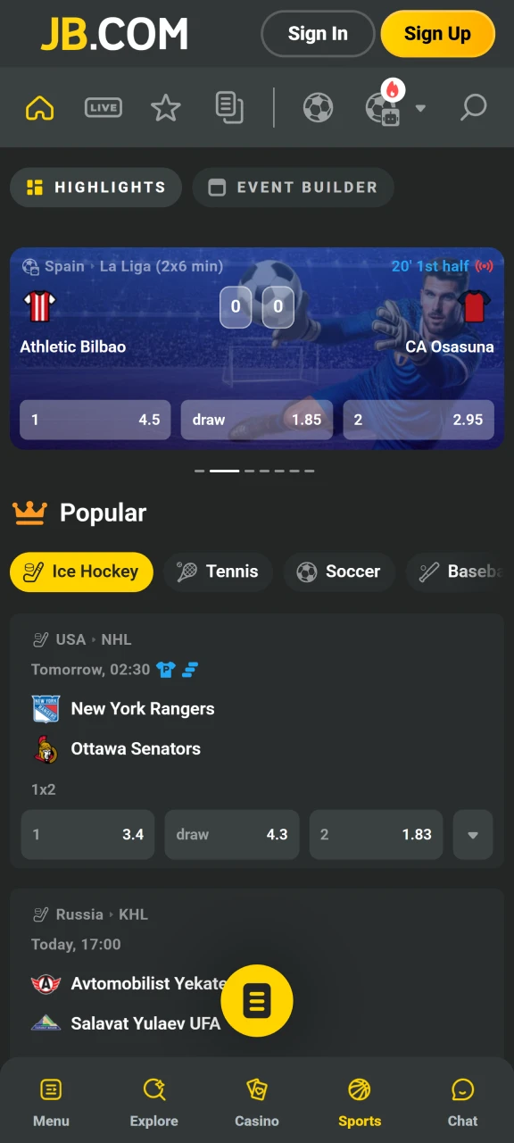 Access the JB Casino sport betting interface to place wagers on global events.