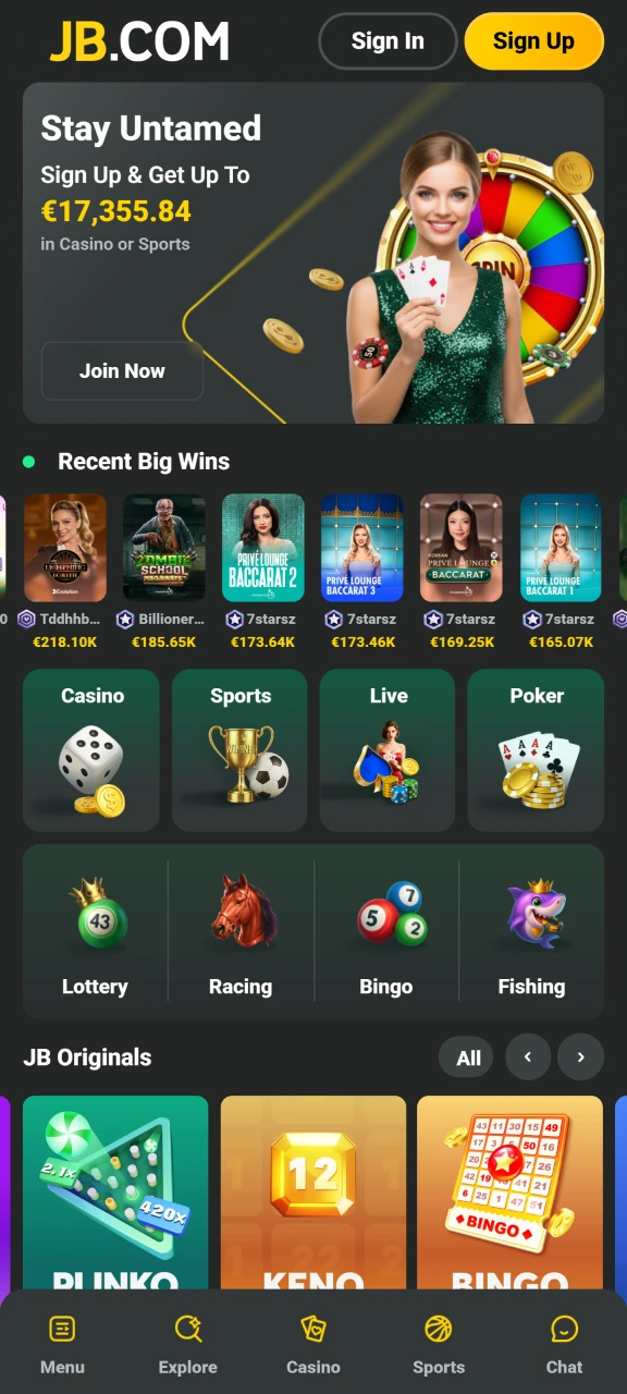Launch the official JB Casino mobile app.