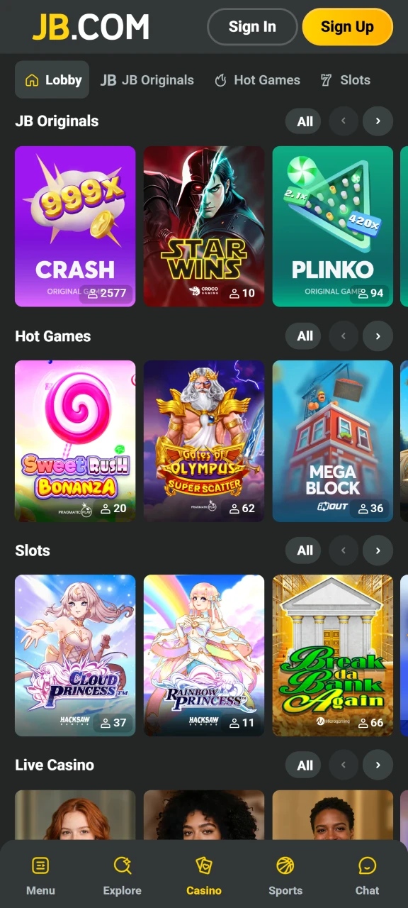 Enter the JB Casino casino section to play hundreds of premium slots and table games.