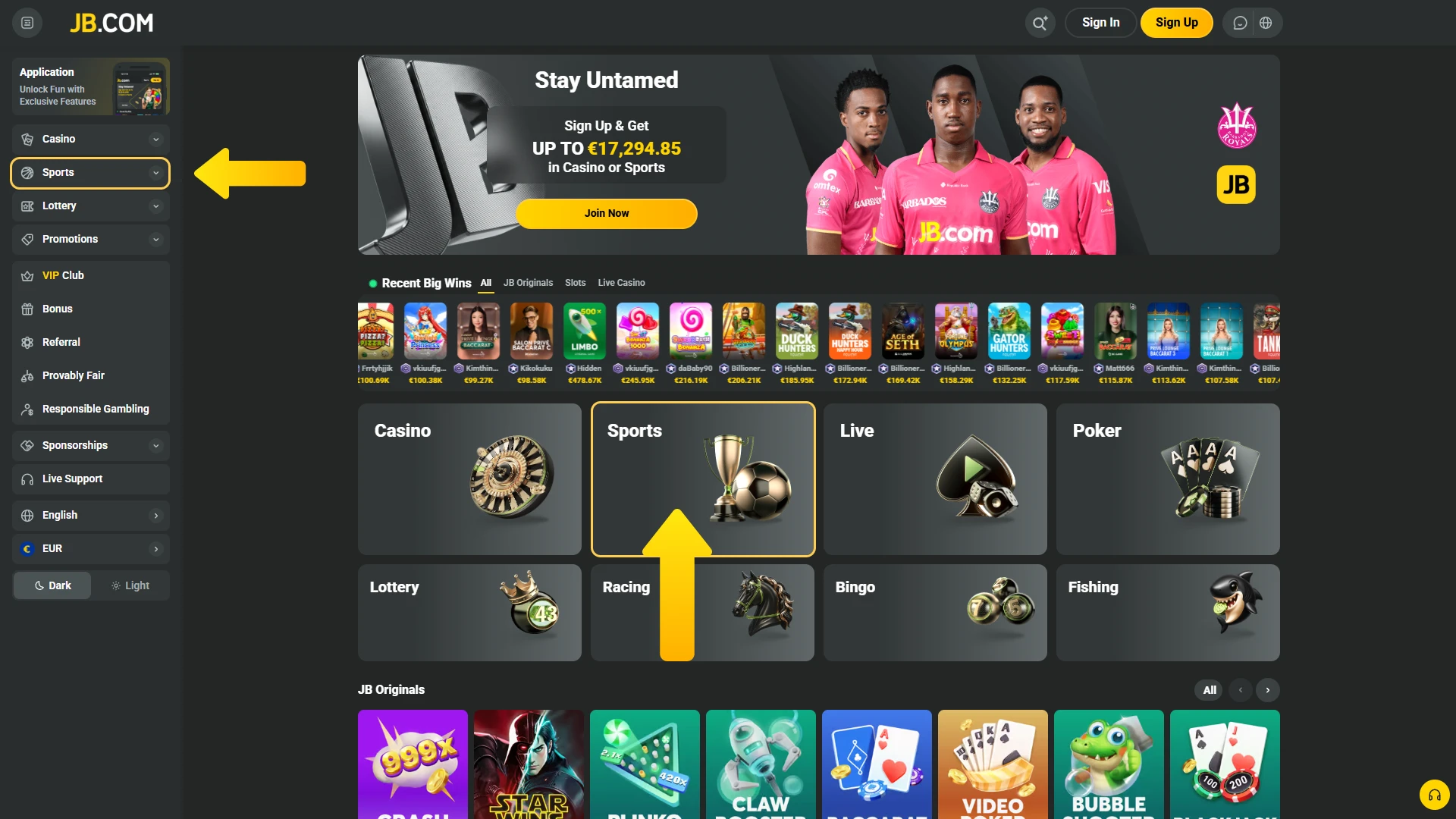 Click the JB Casino sports tab at the top of the page to access all betting markets.