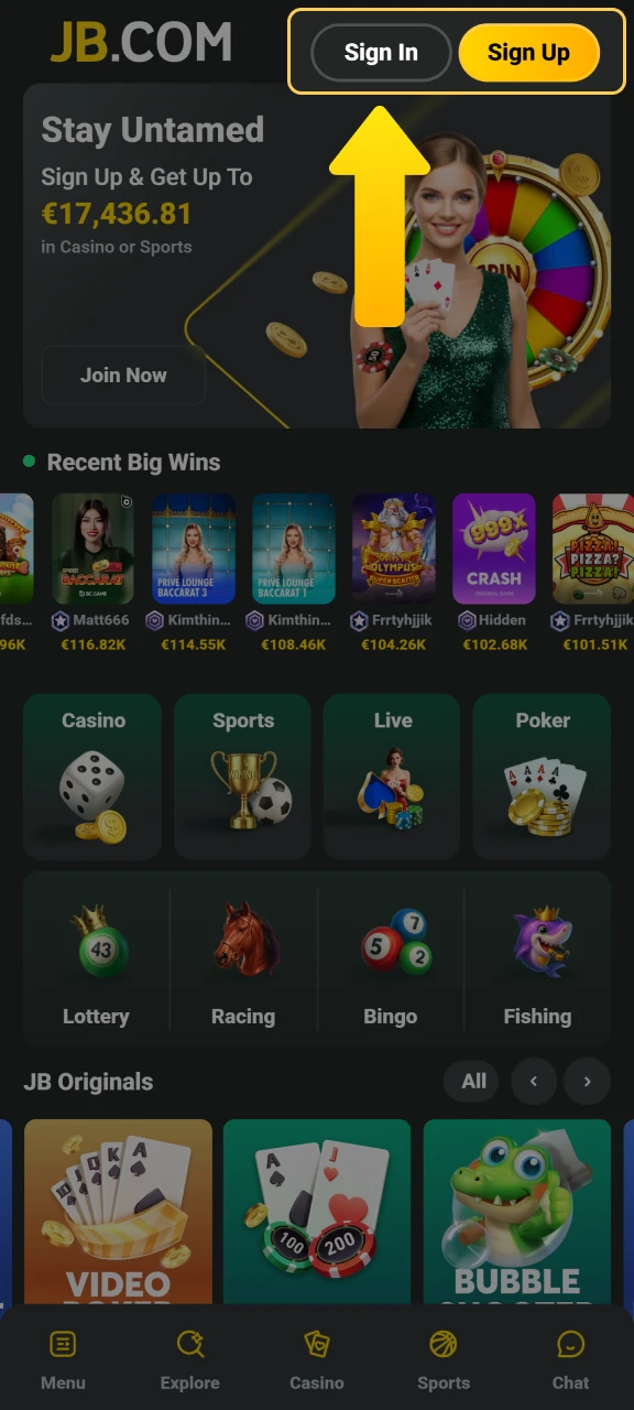 Click the JB Casino login button on the homepage to start your session.