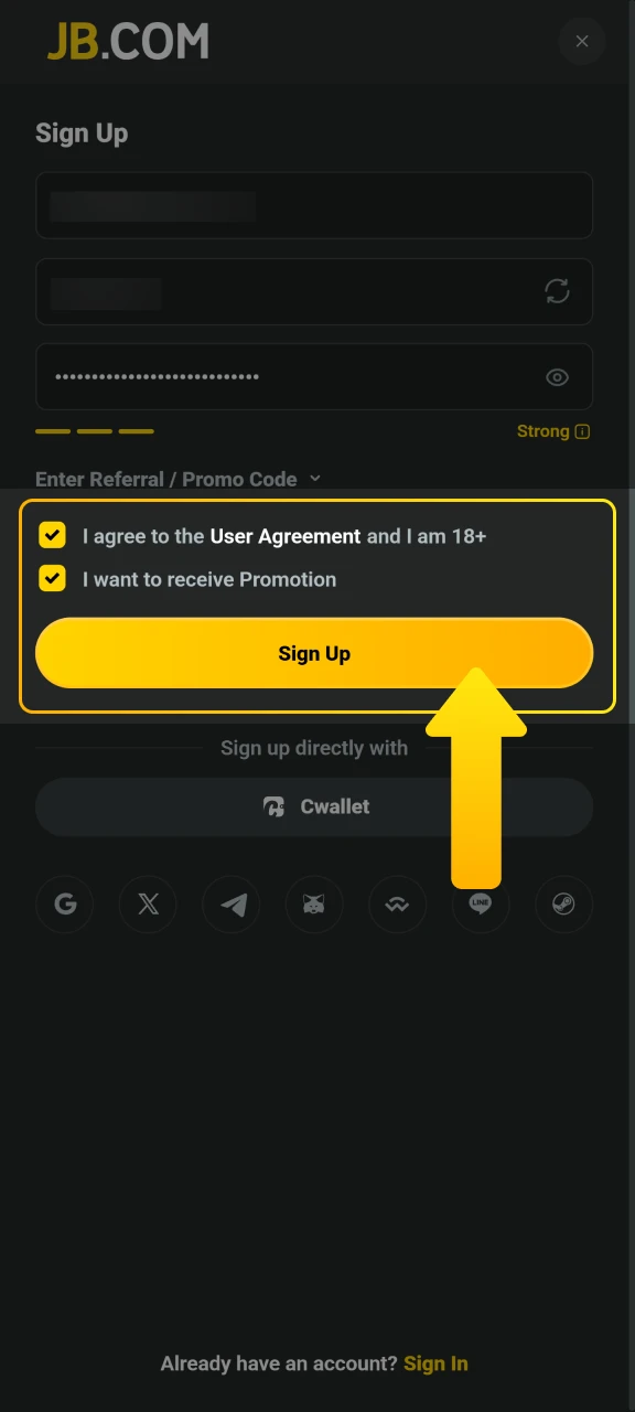 Accept the JB Casino terms and conditions to complete your registration request.