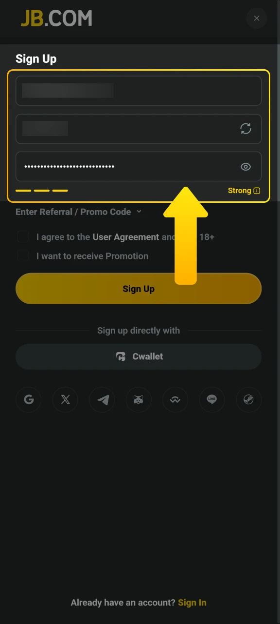 Enter your email and password to set up your JB Casino profile with EUR currency.