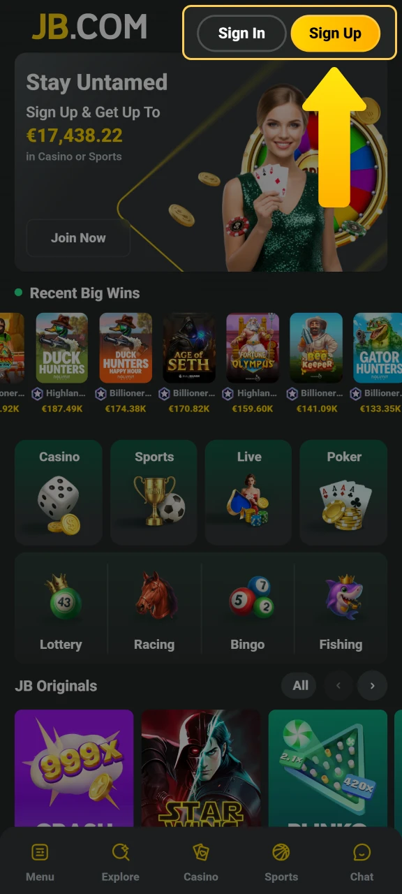 Click the JB Casino register button to open the account creation form.