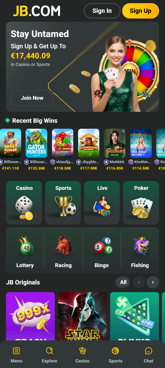Explore the JB Casino main page to find the latest promotions and top games.
