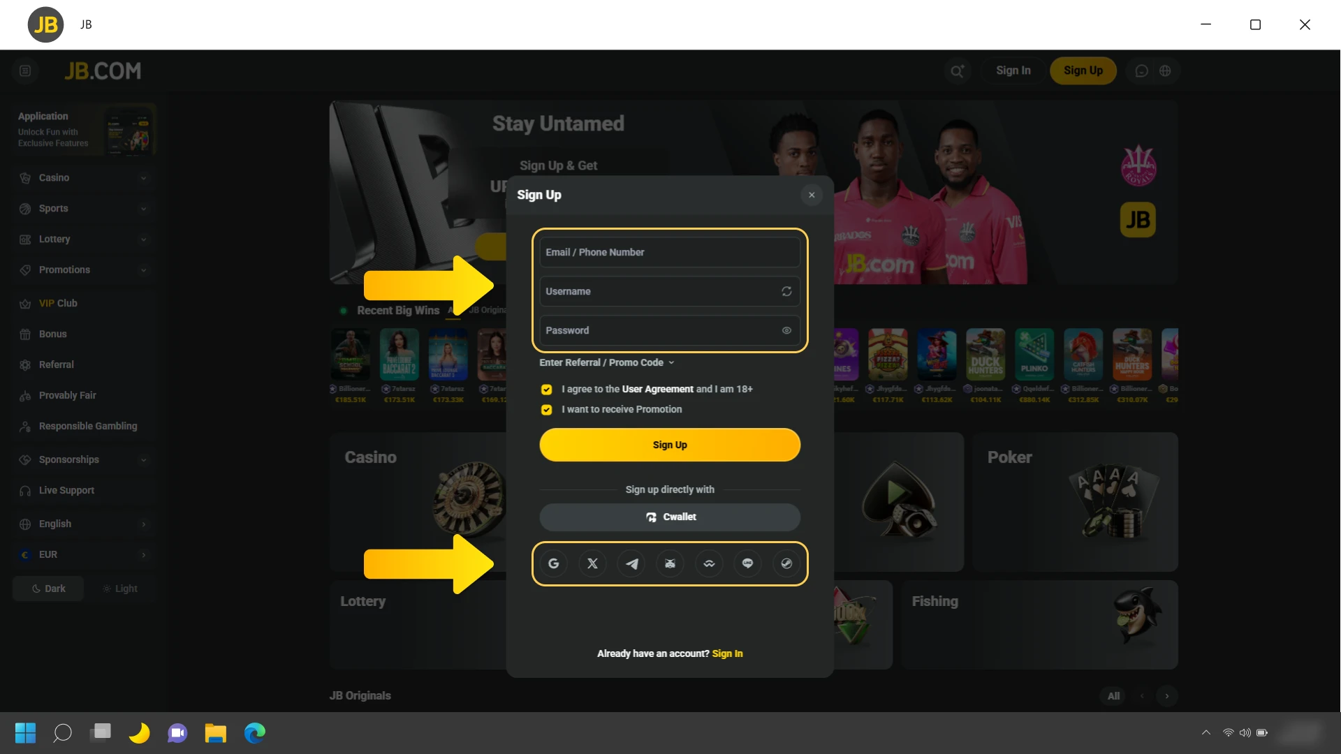 Select your preferred sign up option on the JB Casino platform.