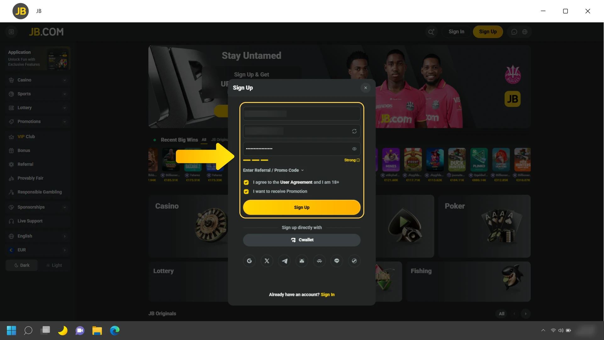 Input your personal information to finalize the JB Casino registration.