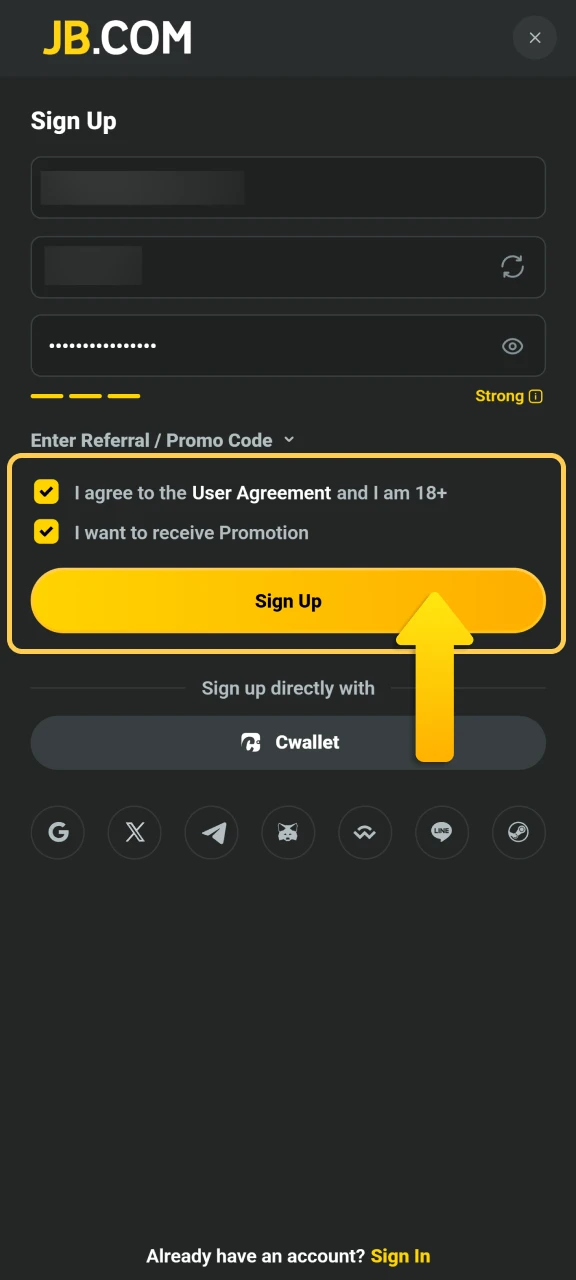 Select your account currency and finalize the JB Casino setup.