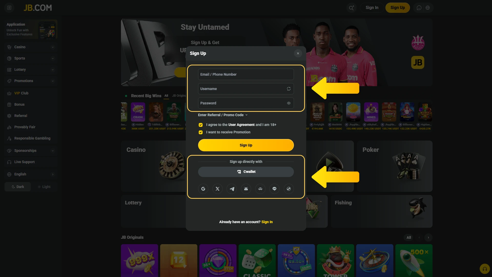 Choose your preferred method of registration at JB Casino.