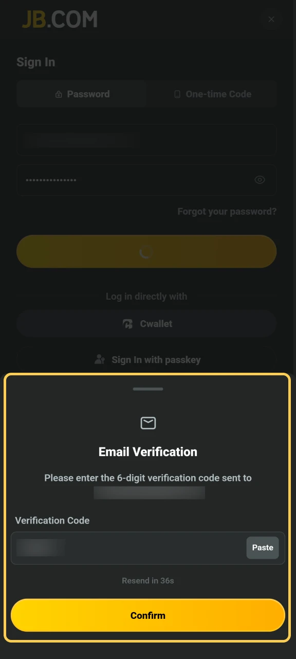 Authenticate your JB Casino session using the security verification code.