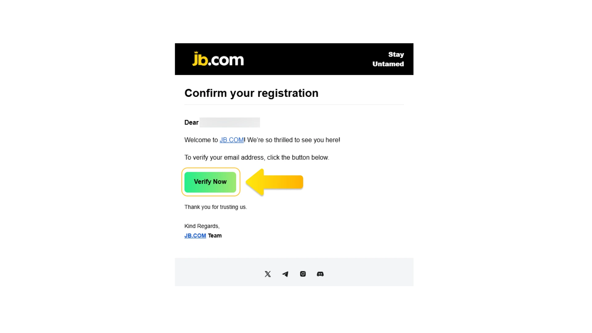 Authenticate your new JB Casino account using the verification code.